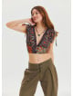 Deep V Neck Waist Gipel Brown Crop Blouse 4632